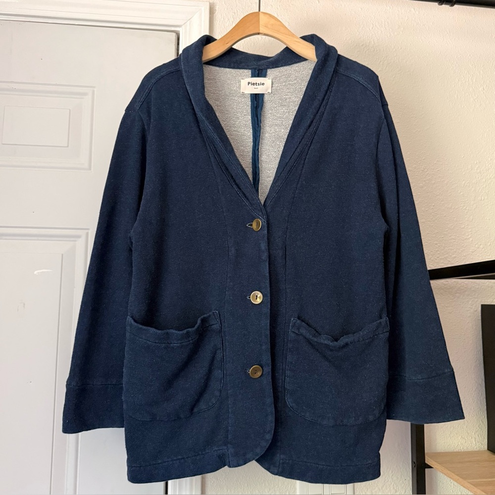 PIETSIE dark blue denim wash cotton Lycra terry knit button up jacket
